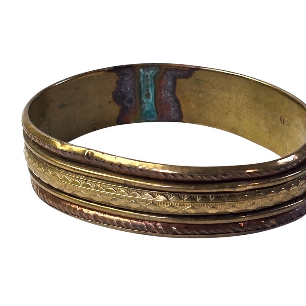 Vintage Bangle Bracelet Mixed Metal Etched Brass & Copper Boho Gypsy Style 8.5in